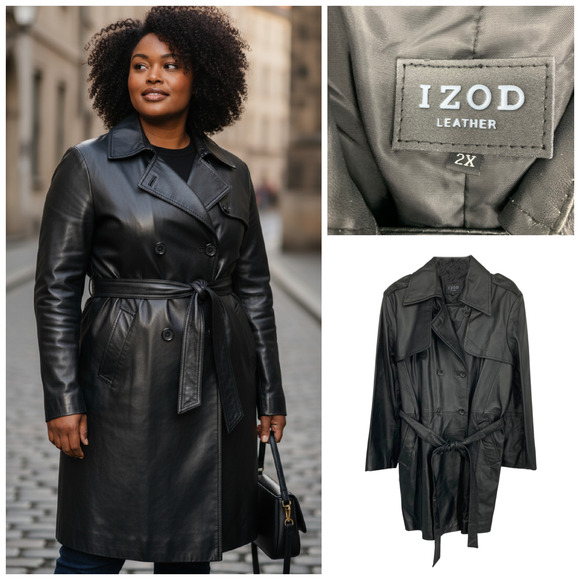 Izod Black Leather Short Trenchcoat Plus Sz 2X Belted Double Breasted Pockets - Picture 1 of 8